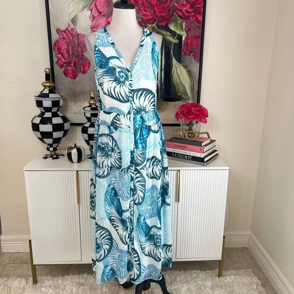 White House Black Market Women's Seashell Sleeveless Maxi Dress Blue White Sz 2